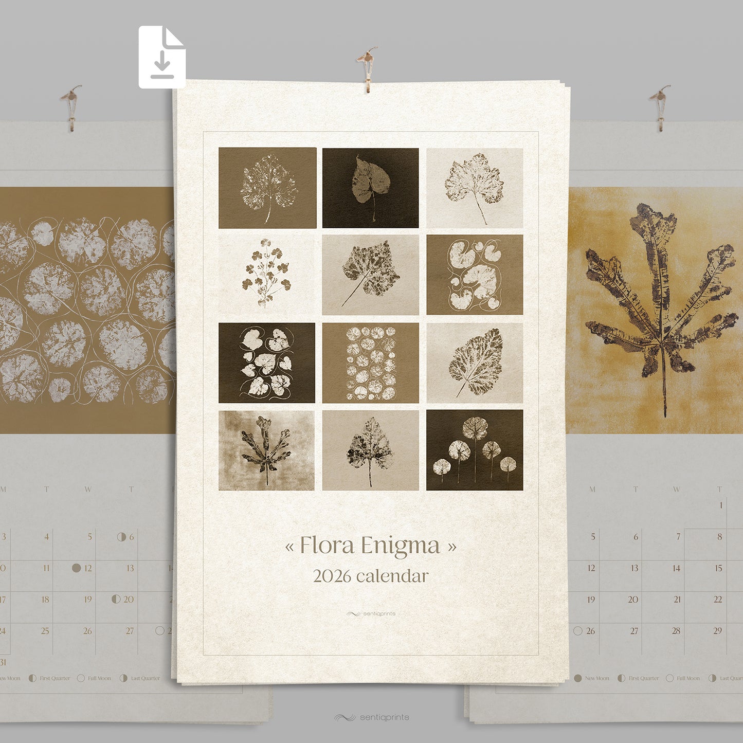 retro chateaucore 2026 wall printable monthly planner 2026 moon phases 11x17 minimalist wall art monotype prints rustic leaves plant nature lover gift INSTANT DOWNLOAD hostess lunar moon phases sepia ochre gold brown beige vintage paper textures 
new year gift, christmas present, illustrated calendar, wall calendar 2026, holiday calendar 2026, instant download, digital product, downloadable art, wall hanging, unique wall art, Xmas Gift for Nature Lover, minimalist wall art, large wall art, moody wall art