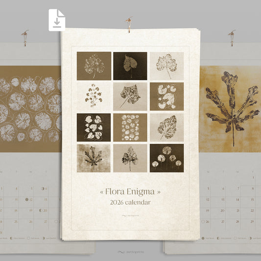 retro chateaucore 2026 wall printable monthly planner 2026 moon phases 11x17 minimalist wall art monotype prints rustic leaves plant nature lover gift INSTANT DOWNLOAD hostess lunar moon phases sepia ochre gold brown beige vintage paper textures 
new year gift, christmas present, illustrated calendar, wall calendar 2026, holiday calendar 2026, instant download, digital product, downloadable art, wall hanging, unique wall art, Xmas Gift for Nature Lover, minimalist wall art, large wall art, moody wall art