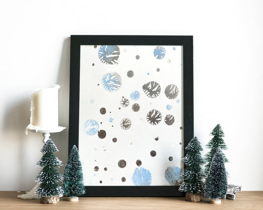 Monotype print Blue and silver abstract snowflakes Holiday winter wall art Original artwork for Christmas festive living room decor UNFRAMED,Bedroom wall decor, Printmaking art, relief print, handmade artwork, Original Noel decoration