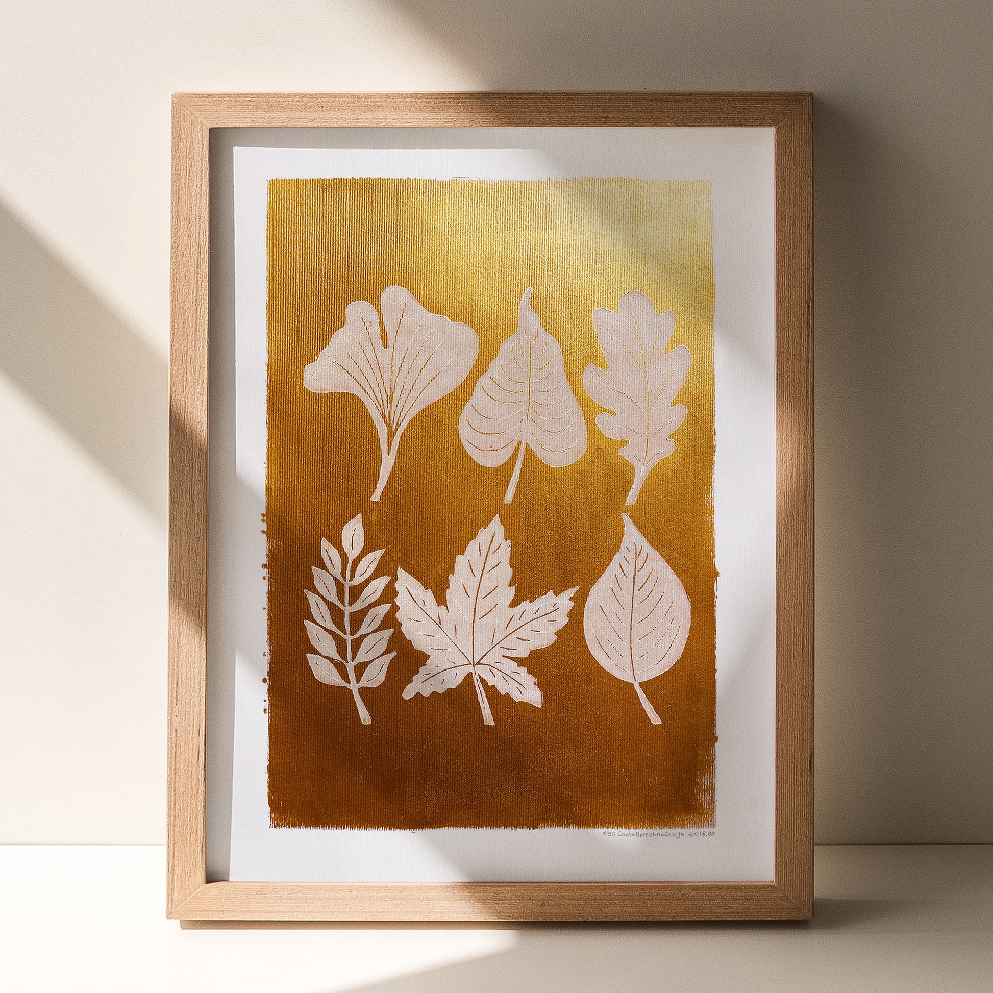 gold acrylic white oil ink autumn wall art linocut print white leaves foraged rustic fall new home gift original artwork thanksgiving table hallway decor grandmother hostess gift one of a kind linogravure botanical office lino cottagecore nature lover leaf farmhouse thank you bedroom printmaking handprinted farm minimalist self sister mom mother hostess new apartment godmother wife woman living room kitchen handmade dining for Her Thankful Gratitude Entryway Dorm Warm Earth Tones Seasonal