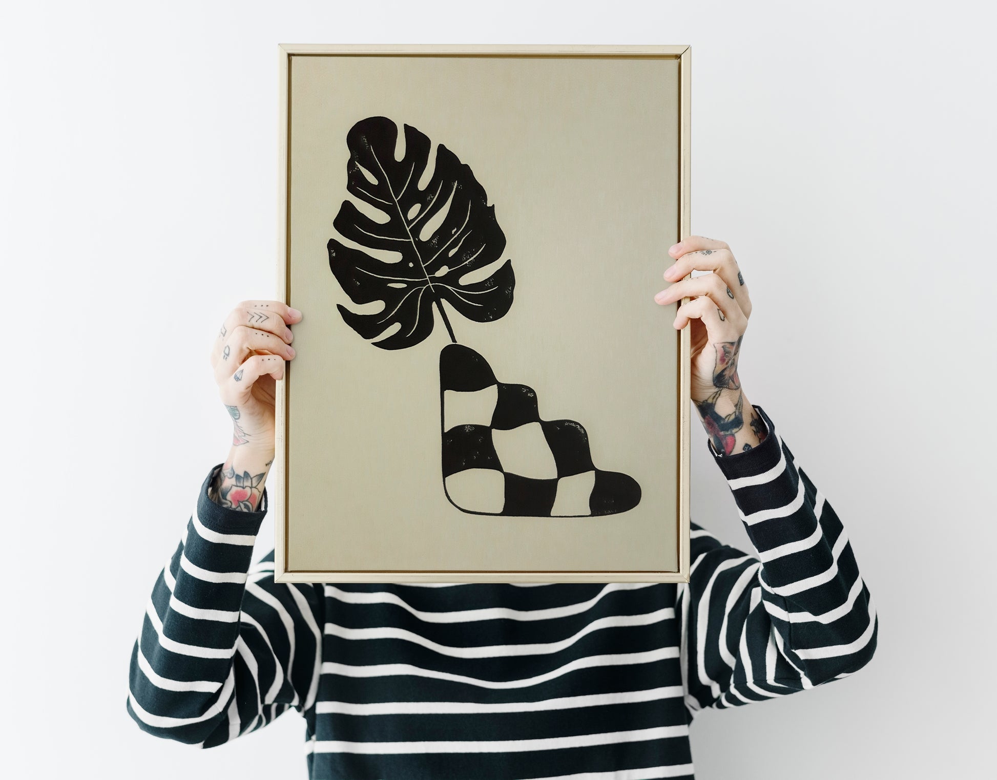 Black and beige checkered vase and monstera leaf wall art Linocut print for New home gift UNFRAMED for  living room, bedroom and modern kitchen and dining room