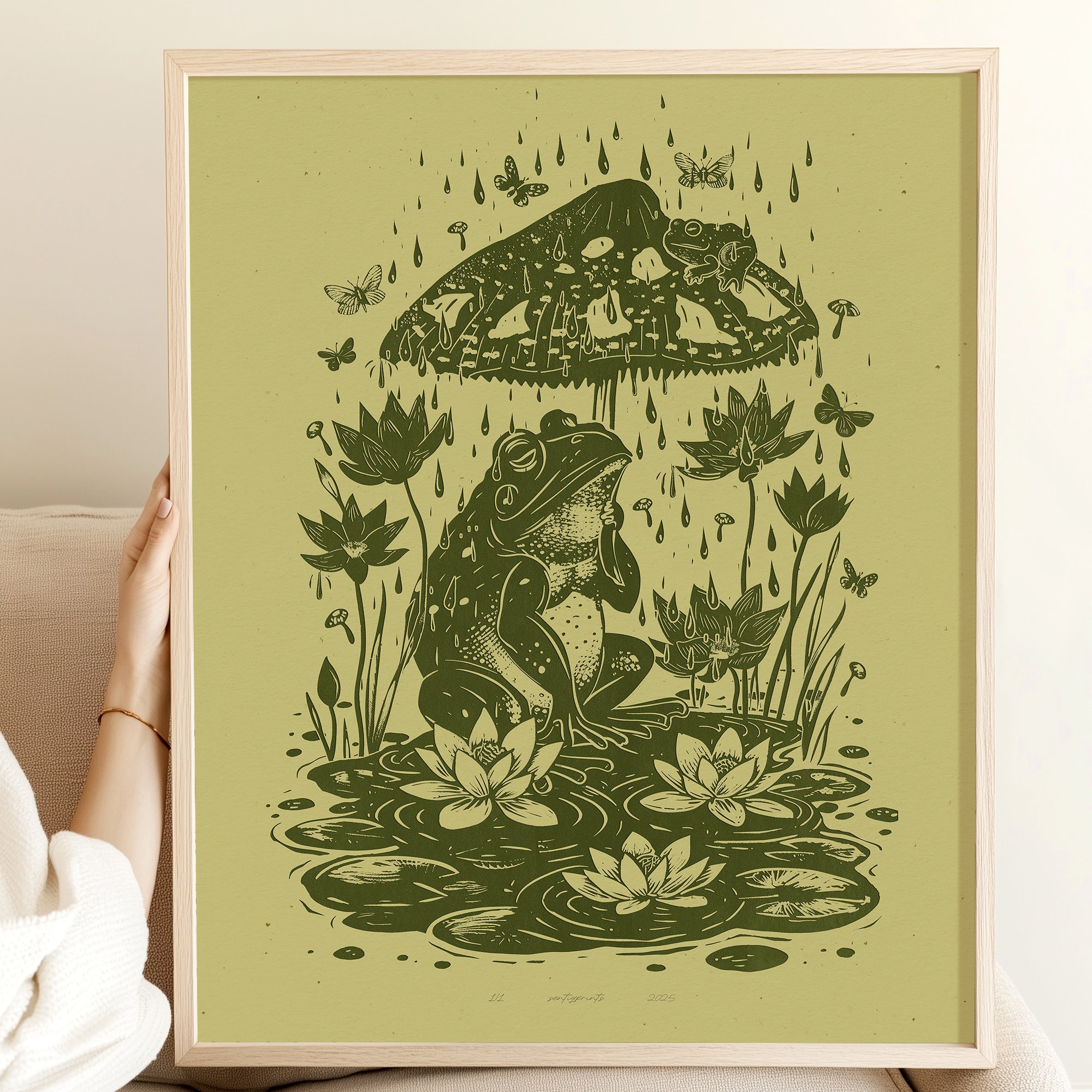 Cottagecore sage green frog with mushroom umbrella and lotus