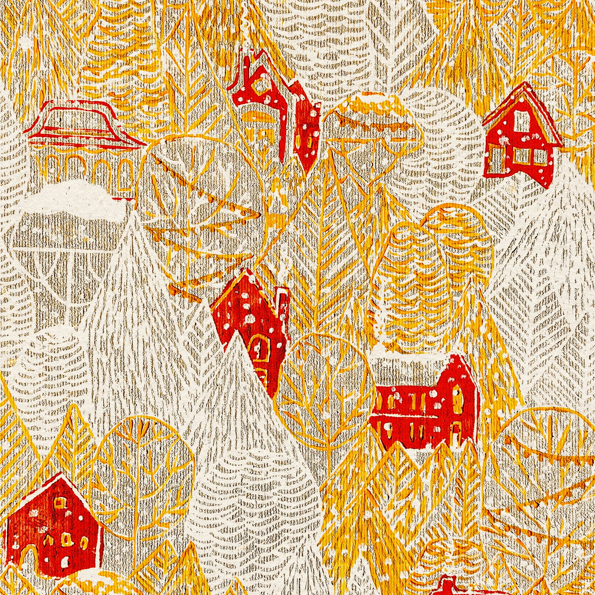 Retro Forest First Snow Red House Village Printable Linocut Prints Warm Tones Christmas Dining Kids Hallway Wall Art Decor Digital Poster