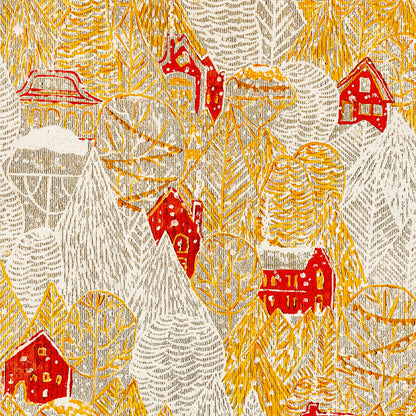 Retro Forest First Snow Red House Village Printable Linocut Prints Warm Tones Christmas Dining Kids Hallway Wall Art Decor Digital Poster