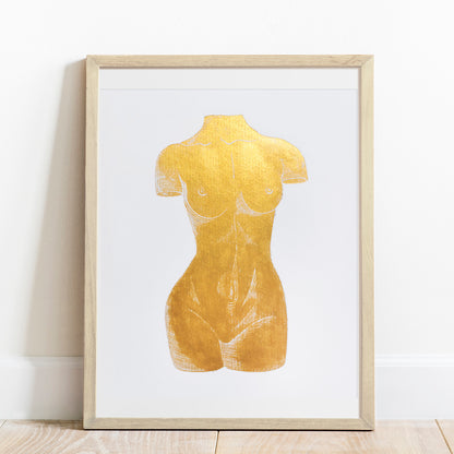 Gold antique nude woman minimal sculpture large linocut print sale home decor cheap budget discounted modern bathroom affordable gift sale original artwork aesthetic girly gift for wife ideas primary bedroom minimalist aesthetic living room wall art mid century modern classical wife daughter big sister girlfriend best friend handmade nurse mothers long distance heirloom housewarming self new home office above bed laundry aesthetic contemporary bohemian  boho man cave wall art printmaking relief