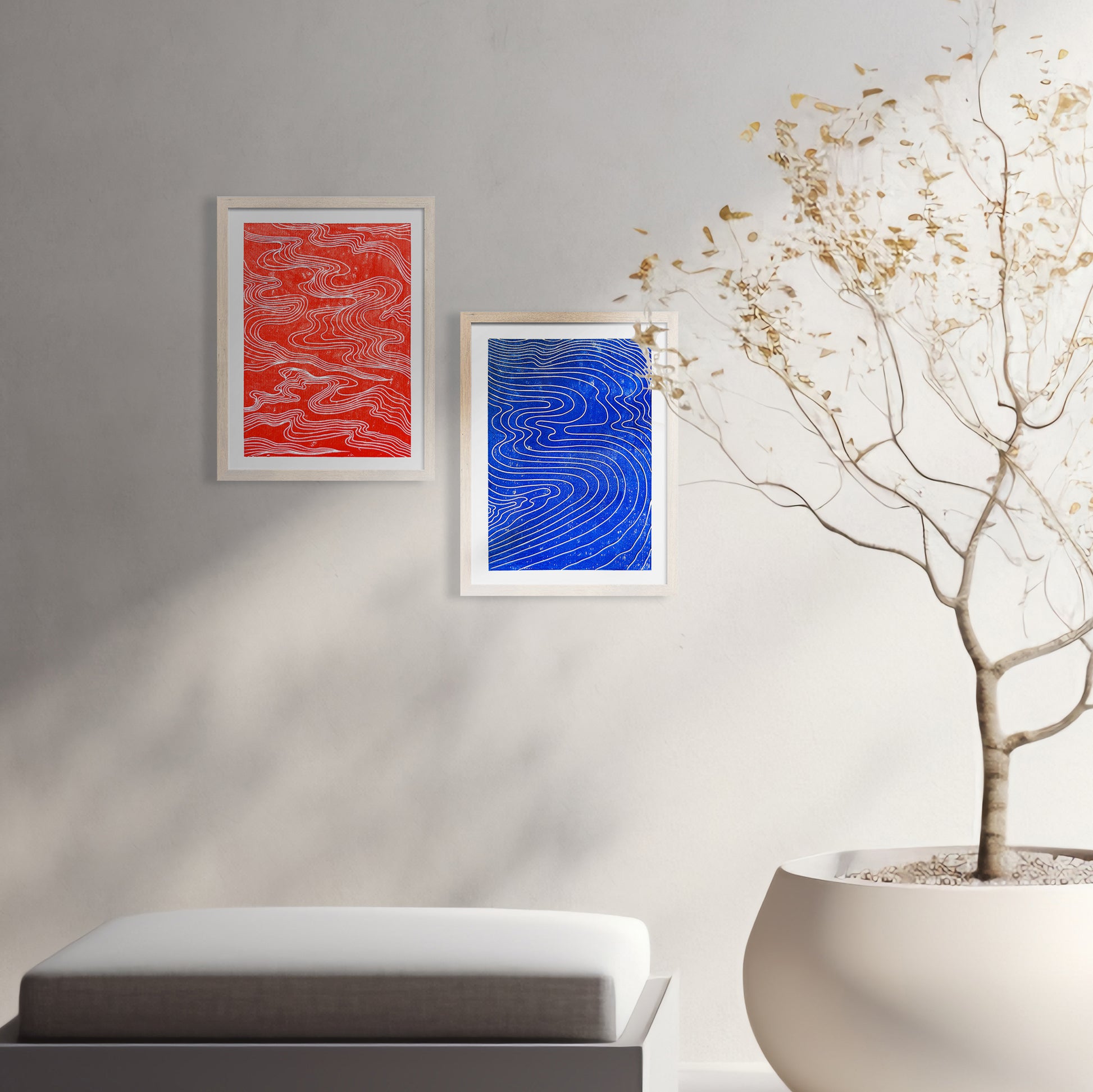 Gallery wall set of 2 Japanese abstract red clouds and blue sea wall art Linocut print UNFRAMED / lino print, linogravure, minimalist wall art, modern wall decor, printmaking, original artwork, simple handmade art, relief print, for nature lover gift, new home gift, houswarming, living room and bedroom wall art decoration