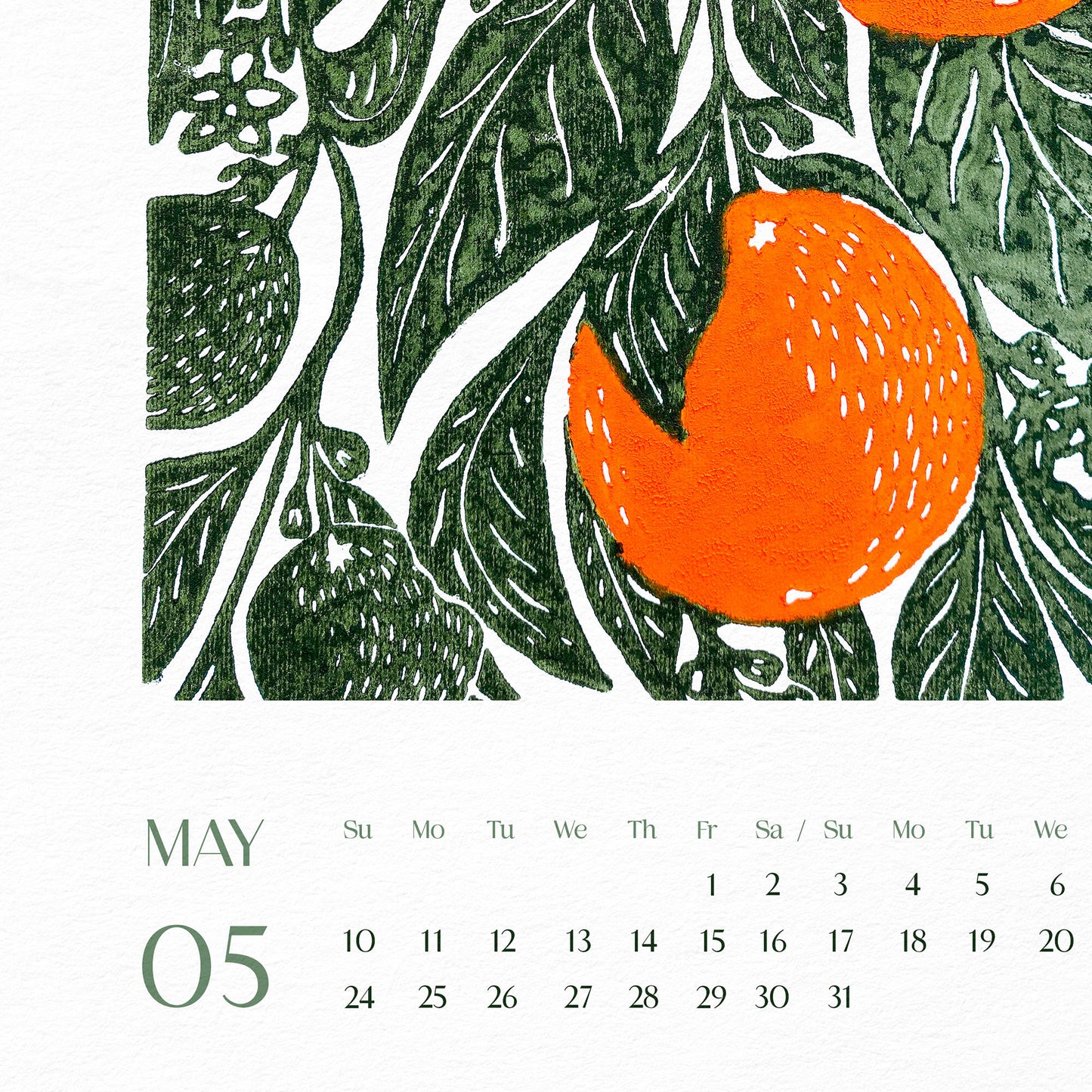 Bright oranges botanical printable calendar 2026 with Floral fruits and vegetable 11x17in linocut illustrated wall decor new year gift 