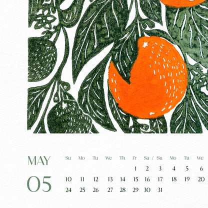 Bright oranges botanical printable calendar 2026 with Floral fruits and vegetable 11x17in linocut illustrated wall decor new year gift 