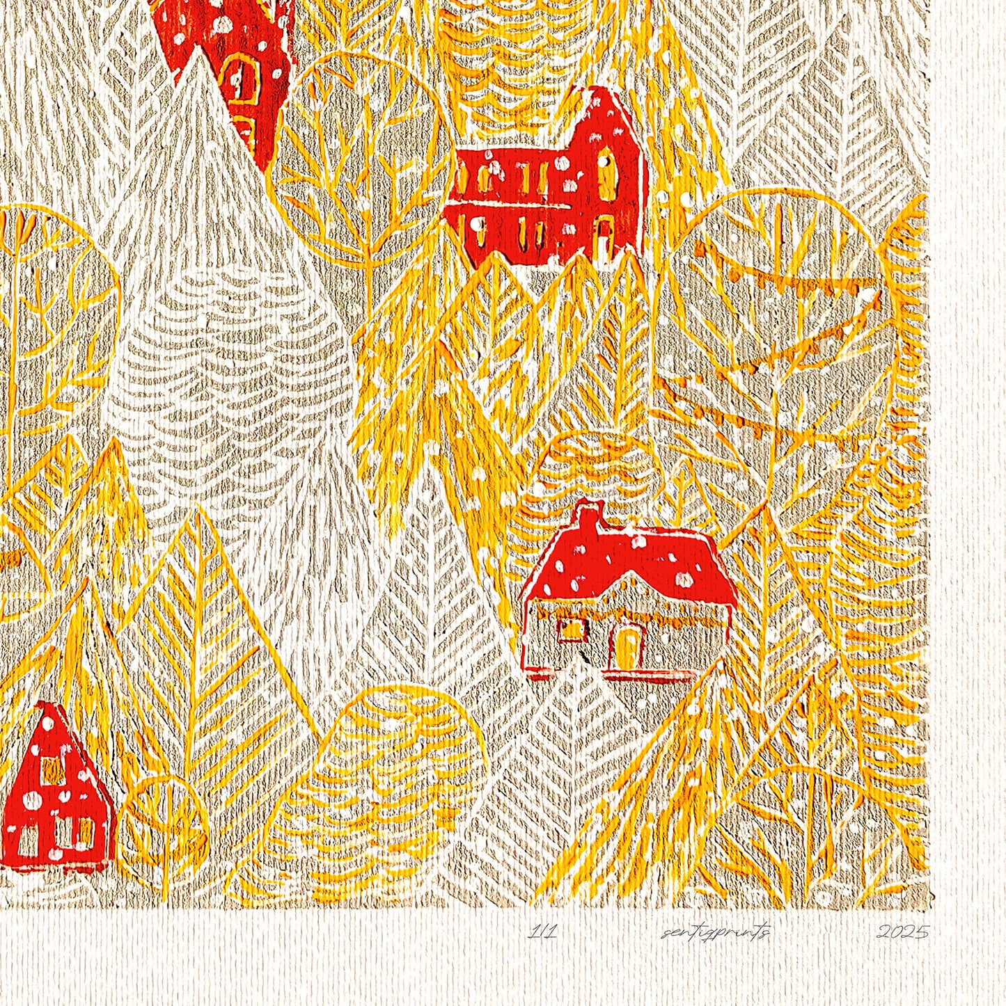 Funny Autumn Forest First Snow Red House Village Printable Linocut Prints Warm Earth Tones Large Kids Bedroom Wall Art Decor Digital Poster 