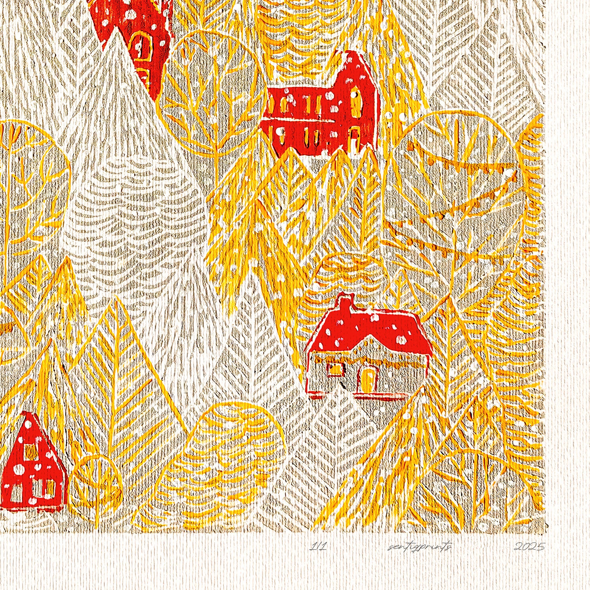 Funny Autumn Forest First Snow Red House Village Printable Linocut Prints Warm Earth Tones Large Kids Bedroom Wall Art Decor Digital Poster 