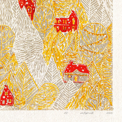 Funny Autumn Forest First Snow Red House Village Printable Linocut Prints Warm Earth Tones Large Kids Bedroom Wall Art Decor Digital Poster 