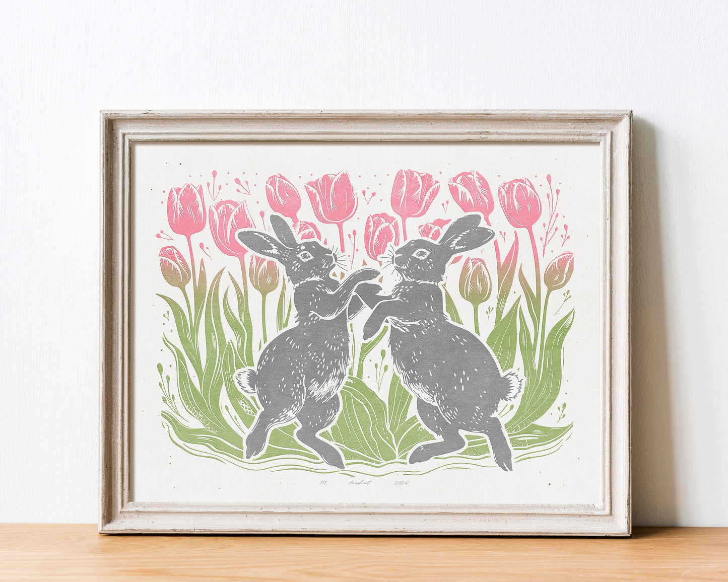 Printable linocut prints Dancing rabbits with tulips flower and plant wall art Relief texture Cottagecore decor Digital downloadable poster Kids children room Pink gray sage green color illustration Instant download Farm modern bedroom decor