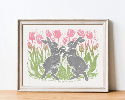 Printable linocut prints Dancing rabbits with tulips flower and plant wall art Relief texture Cottagecore decor Digital downloadable poster Kids children room Pink gray sage green color illustration Instant download Farm modern bedroom decor