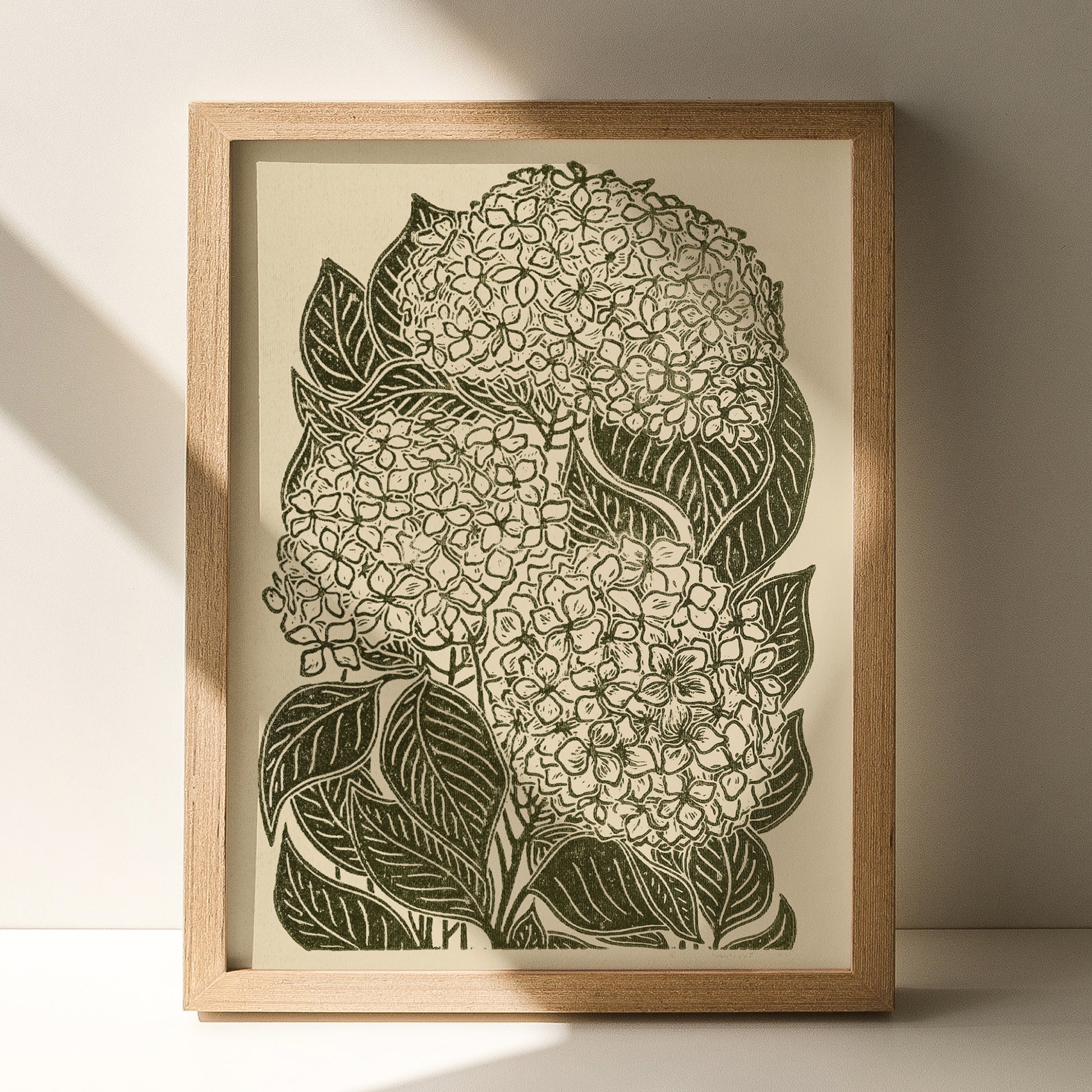 retro cottagecore hydrangea flowers large linocut print sage green color floral lino original artwork hallway decor modern kitchen autumn wall art grandmother gift vintage botanical linogravure relief block rustic fall new home thanksgiving table hostess one of a kind office nature lover farmhouse thank you bedroom printmaking handprinted farm self sister mom mother hostess new apartment godmother wife woman living room kitchen handmade dining for Her Thankful Gratitude Entryway Dorm Earth Tones