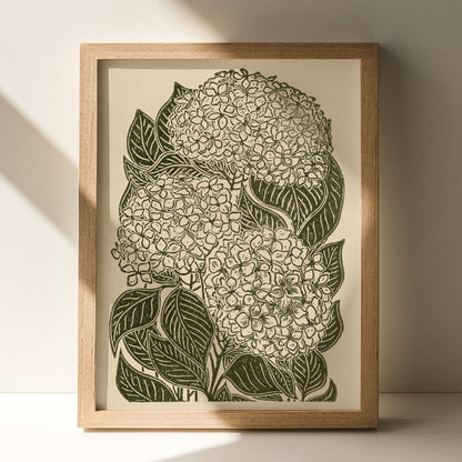 retro cottagecore hydrangea flowers large linocut print sage green color floral lino original artwork hallway decor modern kitchen autumn wall art grandmother gift vintage botanical linogravure relief block rustic fall new home thanksgiving table hostess one of a kind office nature lover farmhouse thank you bedroom printmaking handprinted farm self sister mom mother hostess new apartment godmother wife woman living room kitchen handmade dining for Her Thankful Gratitude Entryway Dorm Earth Tones