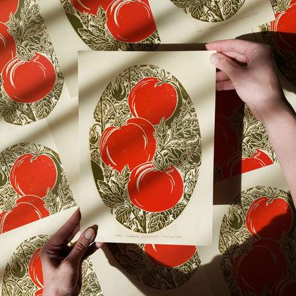 Red sage green beige vintage cottagecore tomato vegetable rustic linocut print retro kitchen dning room decor botanical lino garden harvest pantry original artwork gift for cook mom present nature linogravure farm 
wall hanging, Vintage art, unique wall art, trendy wall art, thank you gift boss, teacher appreciation gift, Summer wall art, primary bedroom, sister in law gift, shelf decor, self gift, Sage green color, rustic artwork, Retro artwork, retirement gift, Relief print, realtor closing gift