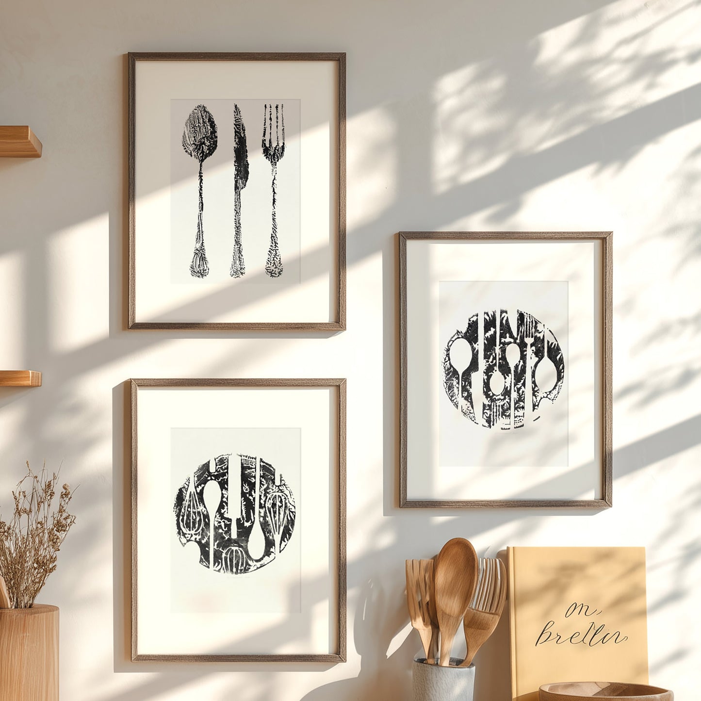 abstract spoon fork knife cutlery rustic fall wall art modern kitchen monotype relief print gallery wall set of 3 original artworks hostess gift cyber monday sale one of a kind grandmother Black Friday Sale Cyber Week Deal contemporary thankful christmas cottagecore monoprint autumn printmaking entryway thanksgiving minimalist farmhouse new home thankful to say thanks texture farm xmas mother thank you self sister mom mother apartment godmother wife woman gift for Her