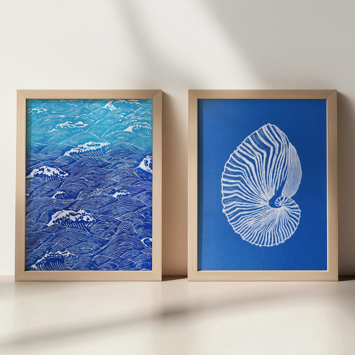 abstract sea shell japanese waves linocut print gallery wall set of 2 artworks maritime living art coastal minimalist mindfulness decor new year gift ideas lino printmaking linogravure beach house hampton summer bedroom original artwork classical relief island luxe Resortcore Tourist-Chic block handprint modern unique scandinavian aesthetic moody unique hanging bathroom heirloom dorm laundry nautical above bed decor entryway decordried home office new home gift housewarming self DIY midimalism