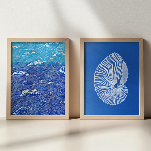 abstract sea shell japanese waves linocut print gallery wall set of 2 artworks maritime living art coastal minimalist mindfulness decor new year gift ideas lino printmaking linogravure beach house hampton summer bedroom original artwork classical relief island luxe Resortcore Tourist-Chic block handprint modern unique scandinavian aesthetic moody unique hanging bathroom heirloom dorm laundry nautical above bed decor entryway decordried home office new home gift housewarming self DIY midimalism