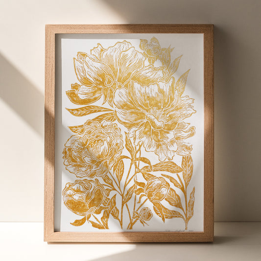 Gold peony flowers Linocut print Peonies wall art decor Linogravure, Linocut print, Lino print, flower, wall hanging, unique wall art, trendy, thank you gift, boss, teacher appreciation gift, Summer, Spring wall art, sister in law gift,&nbsp; self gift, rustic wall art, retirement, Relief print, realtor closing gift, Printmaking art, plant lover gift, original illustration, original artwork, one of a kind, office wall decor, nurse gift, niece gift from aunt, new mom gift, new job gift, New home gift