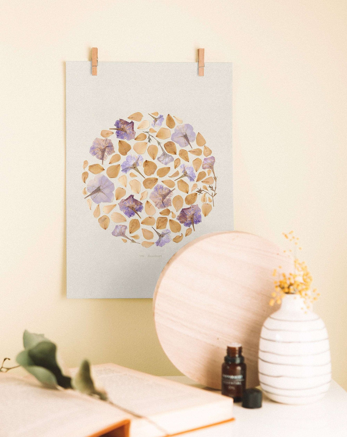 Beige circle petunia pressed flower plants and rose petals / Printable wall art Botanical herbarium poster for living room decor INSTANT DOWNLOAD