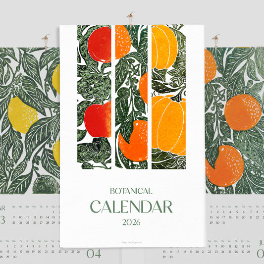 Bright botanical printable calendar 2026 with Floral fruits and vegetable 11x17in linocut illustrated wall decor new year gift, christmas present, illustrated calendar, wall calendar 2026, holiday calendar 2026, instant download, digital product, downloadable art, wall hanging, unique wall art, Xmas Gift for Nature Lover, minimalist wall art, large wall art, moody wall art