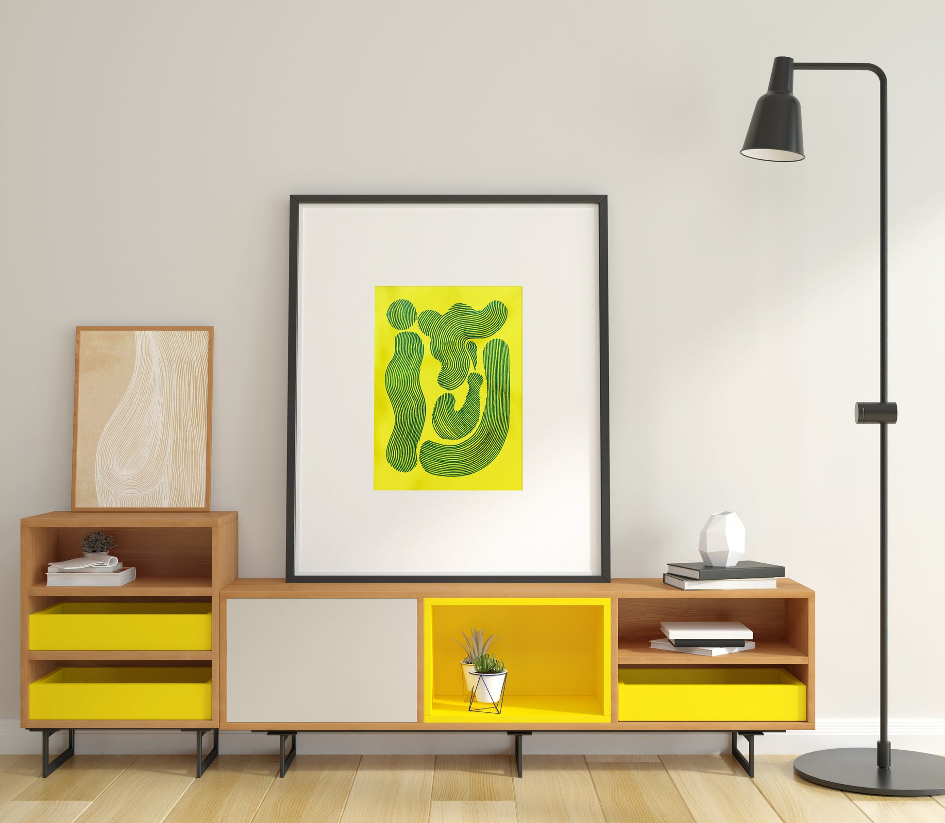 Yellow and green Abstract flower line shapes artwork for Nature lover gift UNFRAMED  for living room, or bedroom original artwork