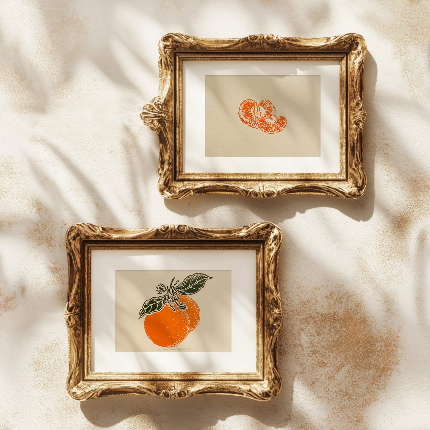 vintage fruits clementine slice mandarin fruits linocut print gallery wall set mini set of 2 original artwork citrus botanical modern kitchen lino handprint cottagecore dining room rustic farmhouse fall gift for her linogravure printmaking nature lover hostess thank you new home self christmas thoughtful autumn summer sage green plant office grandmother housewarming bedroom living relief thanksgiving table mom wife girlfriend sister godmother Thank You Coworker Say Thanks Present