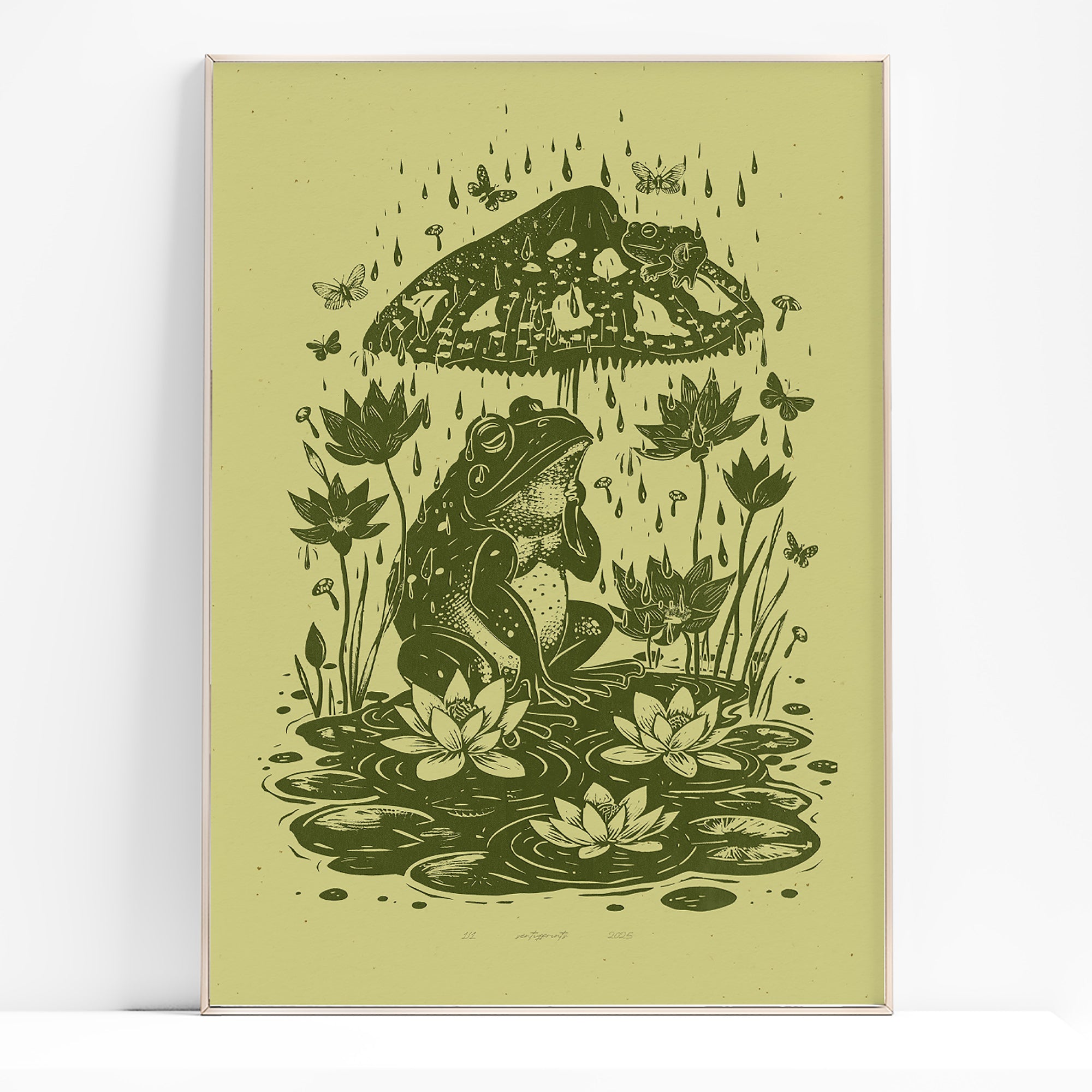 Cottagecore sage green frog with mushroom umbrella and lotus