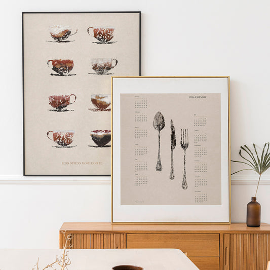 2026 yearly calendar vintage poster spoon fork knife coffee lover gift gallery wall set of 2 monotype prints printable wall art modern kitchen dining room decor digital poster less stress more coffee inspirational saying grandmother cooking utensils hostess mother christmas present illustration xmas INSTANT DOWNLOAD large chef illustrated new year Minimal Eating  Lifestyle Cooking Restaurant Seasonal Farm to Table mom mother sister godmother aunt girlfriend wife gift for her farmhouse rustic