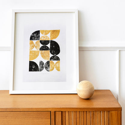 bauhaus style linocut print mid century modern relief texture man cave wall decor geometric art entryway father gift black friday sale lino linogravure printmaking cyber week deal bedroom office eco friendly contemporary abstract golden minimalist home original artwork living room statement self christmas dopamine entryway fall gift for her one of a kind bathroom scandinavian handprint unique eclectic aesthetic wall hanging kitchen dining room laundry entryway handmade housewarming new apartment