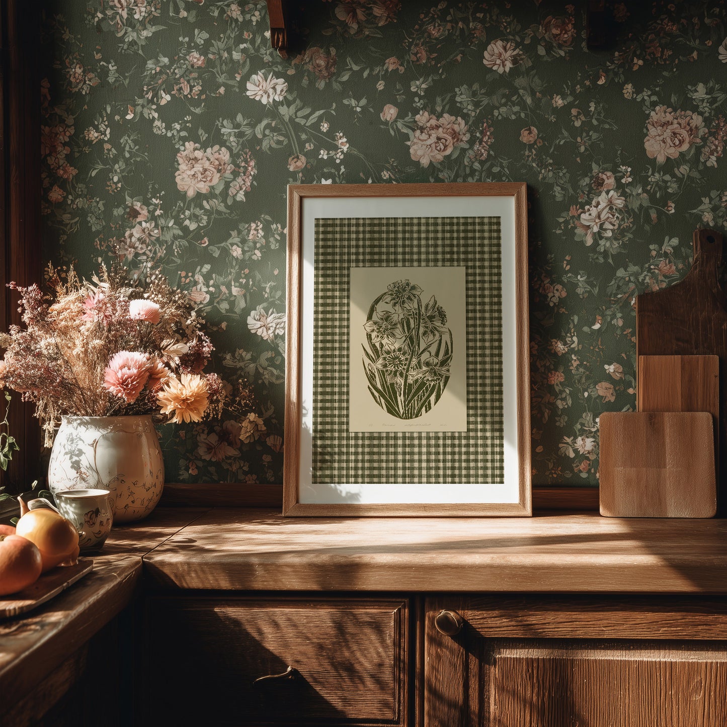 Retro Cottagecore Sage Green Gingham Daffodil Flowers Linocut Prints Floral Printable Bedroom Wall Art Checkered Farm Decor Digital Poster Kitchen farmhouse dining 
realtor closing gift, Xmas present, Woodland fairytale, plant lover gift, neutral earth tones, illustration, office wall decor, reading nook decor, bedroom, nurse gift, niece gift from aunt, digital product, classical, Gift for her, antique illustration, creative workspace, new mom gift, herb, english cottage, country cottage