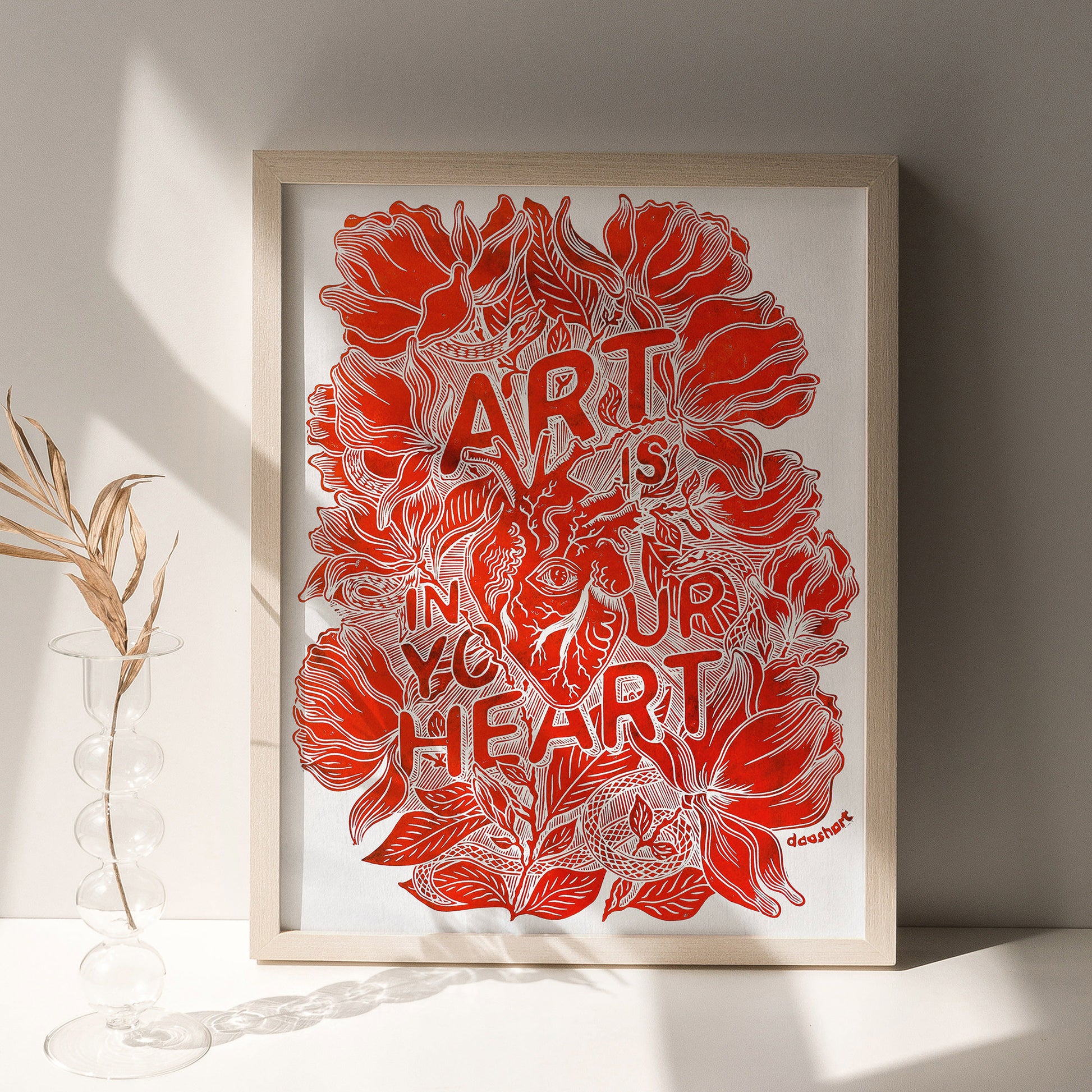 red white art is in your heart inspirational phrase emotional quote large linocut print botanical lino magnolia flowers home office decor man cave decor sister unique gift relief linogravure monoprint tattoo anatomical alternative wall art handprint creative person floral printmaking motivational bedroom self wife daughter big sister girlfriend best friend employee appreciation going away coworker mothers fathers dad mom farmhouse female women housewarming new home entryway above bed