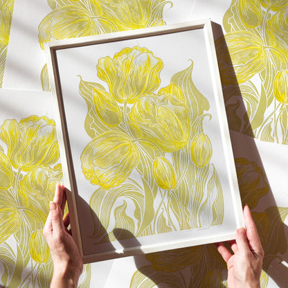 Watercolor yellow tulips flowers Lime cream green plant Botanical linocut print    living room wall art minimalist, Living room wall art, laundry room decor, kitchen wall art, Housewarming gift, hostess gift, home gift unique, heirloom gift, handmade gift for women, handmade gift for the home, grandmother gift, grandma gift, going away gift for coworker, godparent gift, godmother gift, girlfriend gift, gift for the home