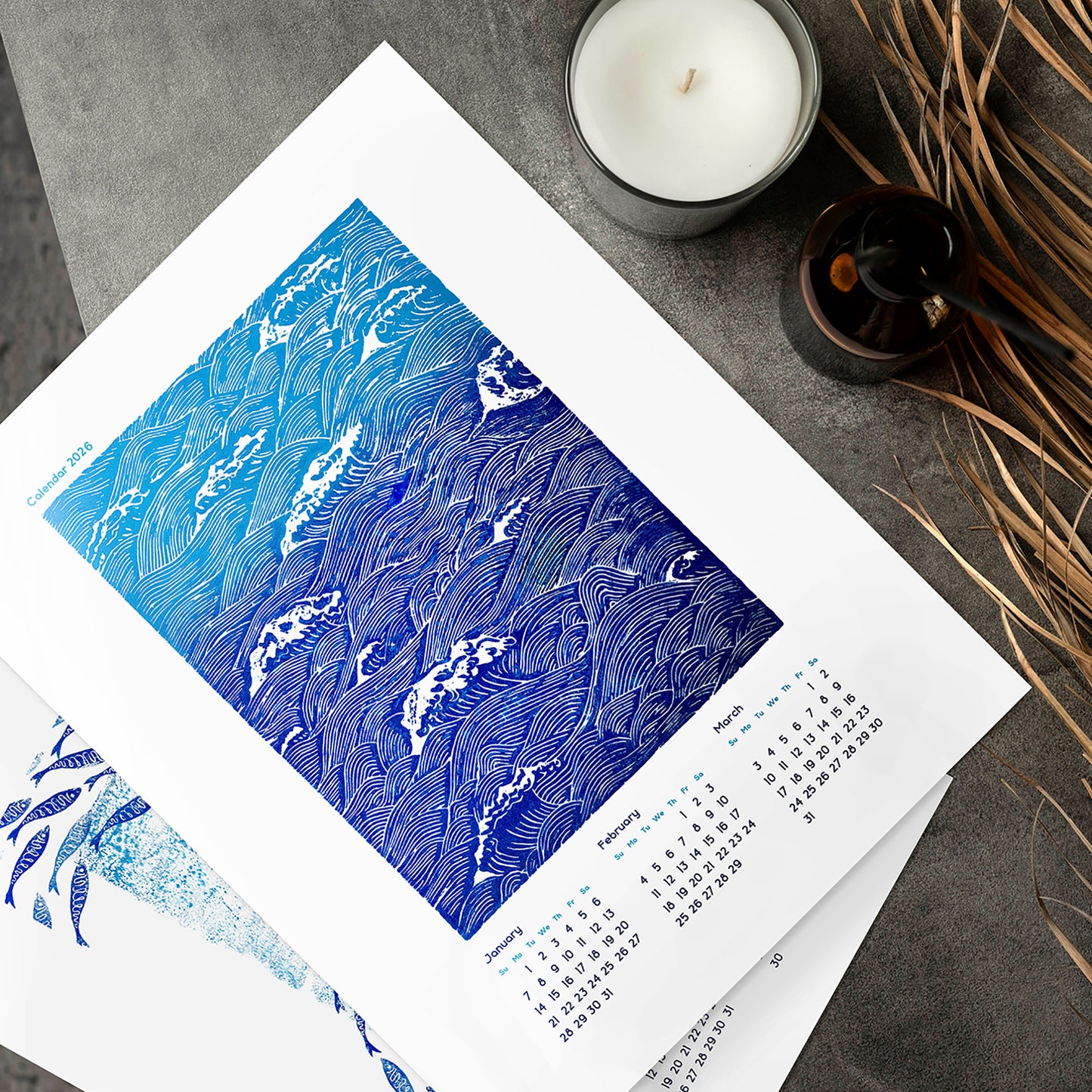 2026 wall printable illustrated calendar blue ocean waves fish sky clouds bird linocut monotype prints bedroom decor INSTANT DOWNLOAD coastal wall hampton digital download new year gift ideas 
host gift, aunt gift, godmother gift, godparent gift, godfather gift, mother in law gift, daughter in law gift, Thanksgiving Gift, sister in law gift, niece gift from aunt, new grandma gift, mothers day gift from daughter, mothers day gift ideas, gift for best friend female, college graduation gift