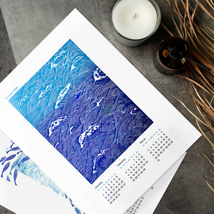 2026 wall printable illustrated calendar blue ocean waves fish sky clouds bird linocut monotype prints bedroom decor INSTANT DOWNLOAD coastal wall hampton digital download new year gift ideas 
host gift, aunt gift, godmother gift, godparent gift, godfather gift, mother in law gift, daughter in law gift, Thanksgiving Gift, sister in law gift, niece gift from aunt, new grandma gift, mothers day gift from daughter, mothers day gift ideas, gift for best friend female, college graduation gift