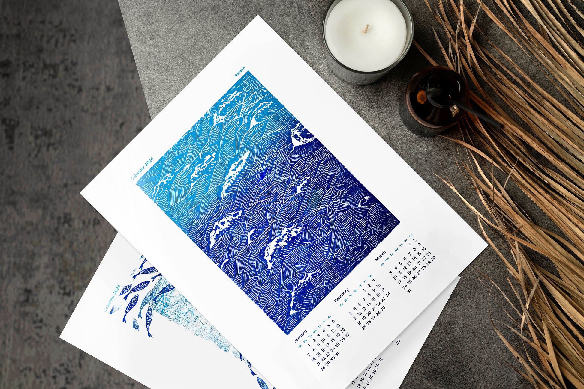Printable illustrated calendar 2024 Blue ocean waves and fish Sky clouds and blue birds linocut and monotype prints for living room, bedroom or bathroom, wall calendar