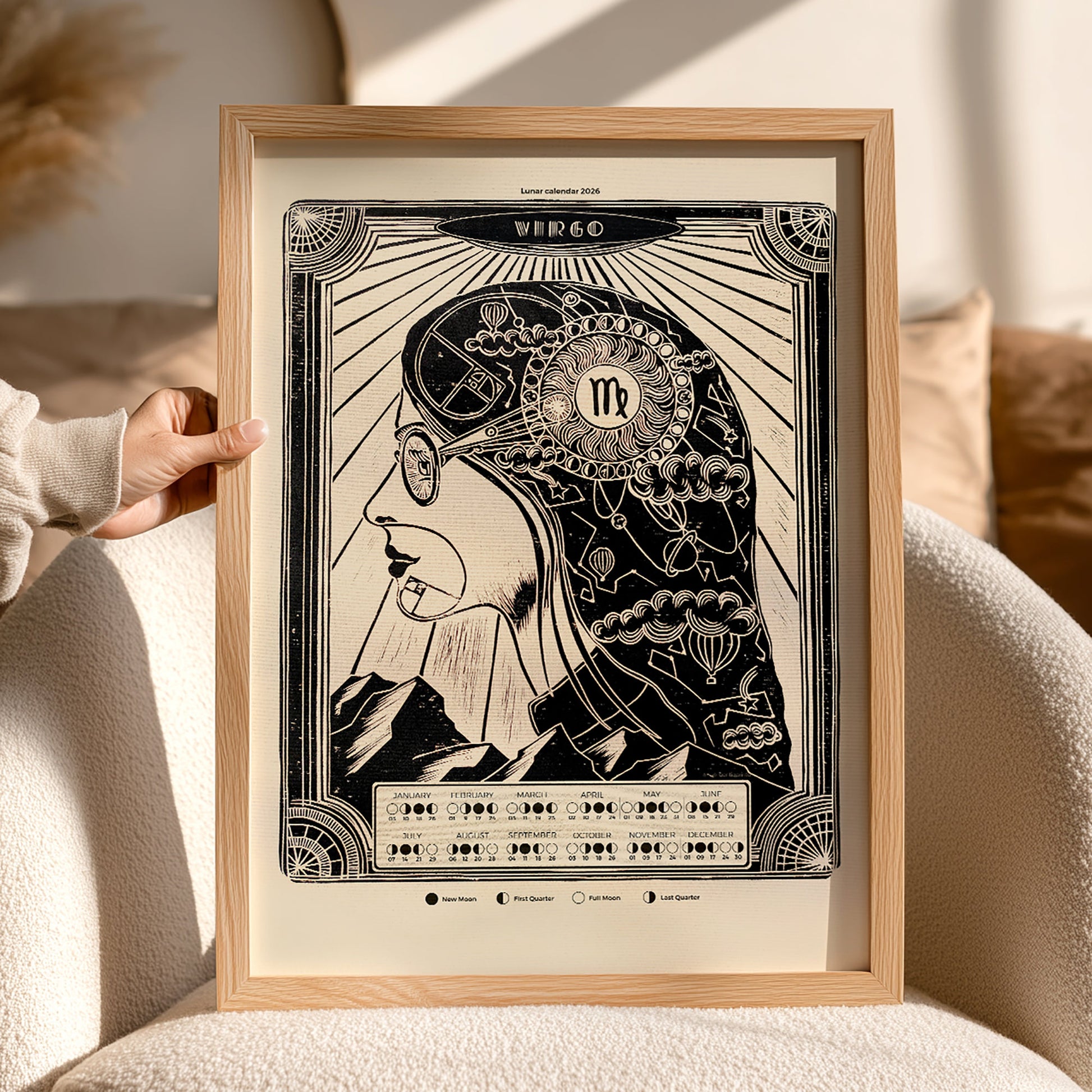 personalized zodiac 2026 moon phases lunar calendar female portrait art deco large linocut prints printable wall art bedroom decor girlfriend new year gift ideas digital poster mother astrology inspired landscape home office contemporary modern chart black bedroom INSTANT DOWNLOAD Dark Academia Mystical boho bohemian classical illustrated workspace coworker new apartment holiday xmas teacher housewarming homeowner friend downloadable aesthetic self sister gift for her girlfriend aunt new year gift