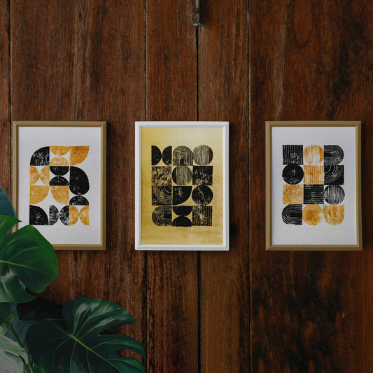 mid century modern bauhaus style linocut print gallery wall set of 3 artworks relief texture man cave wall decor geometric modern office decor husband gift lino linogravure eco friendly gift bedroom cyber week deal black friday sale contemporary abstract golden minimalist home original artwork living room statement self printmaking christmas dopamine entryway one of a kind bathroom scandinavian handprint unique eclectic aesthetic wall hanging entryway handmade housewarming new apartment