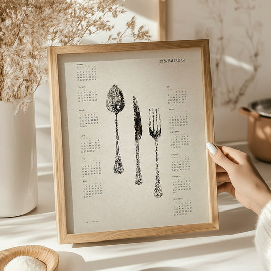 2026 yearly calendar vintage style spoon fork knife monotype prints printable wall modern kitchen art dining room decor grandmother gift digital poster cooking utensils hostess mother christmas present illustration xmas INSTANT DOWNLOAD grandmother large chef illustrated new year Minimal Eating Food Lover Gift Lifestyle Cooking Restaurant Seasonal Farm to Table mom mother sister godmother aunt girlfriend wife gift for her farmhouse rustic
