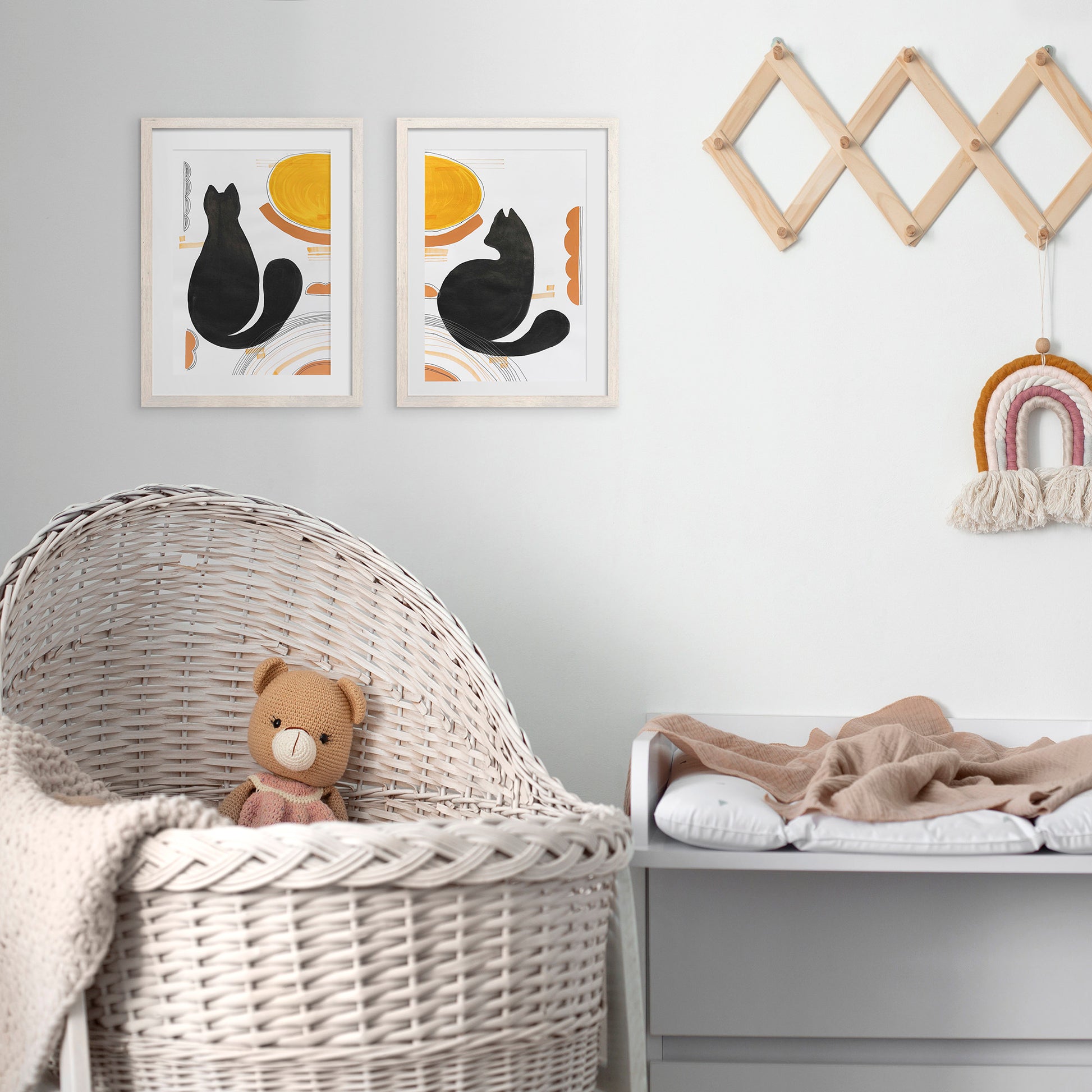 playful cat black abstract cats gouache painting funny animal art gallery wall set of 2 artworks original artwork nursery decor pet corner mid century modern one of a kind minimalist black friday sale Cyber Monday Sale, Cyber Week Deal Kids Room Cat Lovers Gifts Scandinavian Nordic Minimalist Boho Living Room Hallway Home Office unique funny decoration