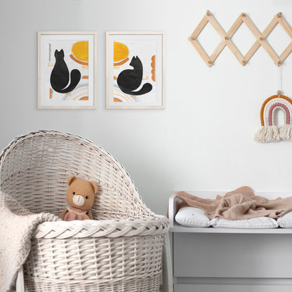 playful cat black abstract cats gouache painting funny animal art gallery wall set of 2 artworks original artwork nursery decor pet corner mid century modern one of a kind minimalist black friday sale Cyber Monday Sale, Cyber Week Deal Kids Room Cat Lovers Gifts Scandinavian Nordic Minimalist Boho Living Room Hallway Home Office unique funny decoration