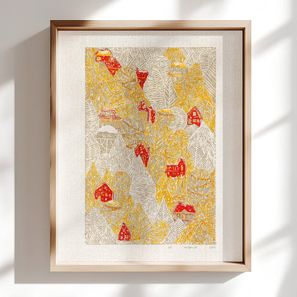 Yellow gray funny modern autumn magical forest first snow red house village printable wall art large linocut prints warm earth tones kids room decor bedroom wall decor digital poster instant download holiday season foraged thanksgiving table self gift affordable lino download rustic fall living room nature thank you mom aesthetic home office housewarming new home modern downloadable hanging moody kitchen dining dorm laundry mom mother grandmother sister wife women farm hostess girlfriend