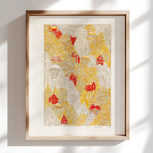 Yellow gray funny modern autumn magical forest first snow red house village printable wall art large linocut prints warm earth tones kids room decor bedroom wall decor digital poster instant download holiday season foraged thanksgiving table self gift affordable lino download rustic fall living room nature thank you mom aesthetic home office housewarming new home modern downloadable hanging moody kitchen dining dorm laundry mom mother grandmother sister wife women farm hostess girlfriend