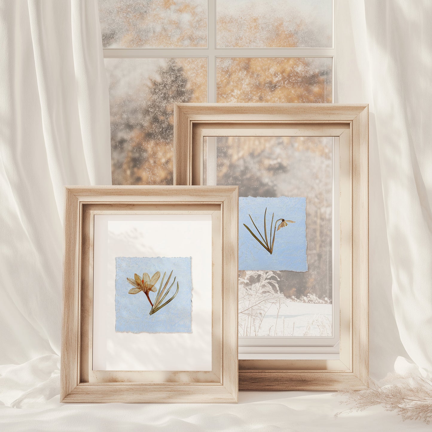 Mini gallery wall set of 2 Saffron and Snowdrop pressed flowers Blue and white monotype print Gray original artwork decor UNFRAMED daughter in law gift, cottagecore wall art, Botanical wall art, bookshelf decor, Bedroom wall art, aunt gift, Aesthetic wall art, office wall decor