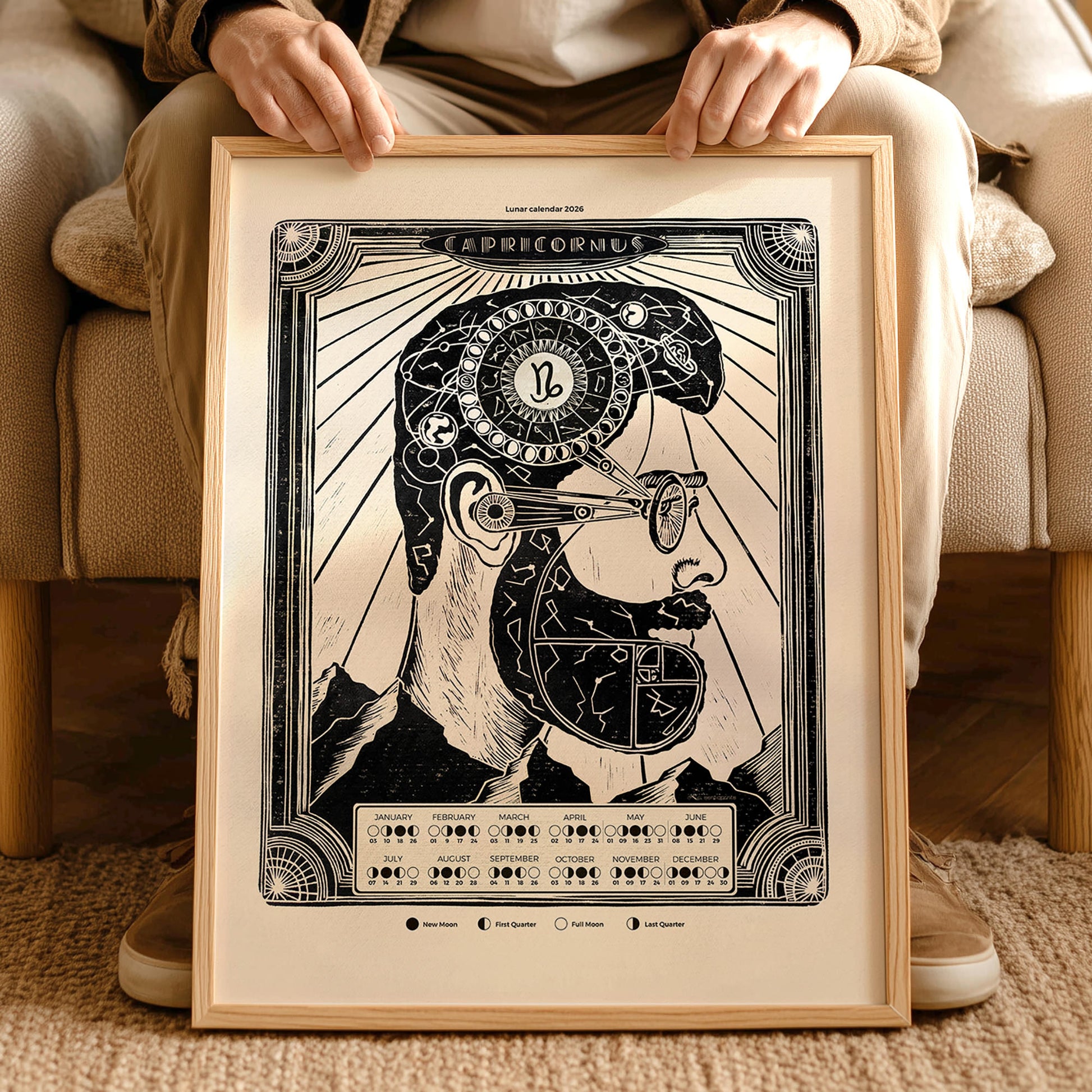 personalized zodiac 2026 lunar calendar moon phases male portrait art deco landscape wall art linocut prints printable wall art home office digital poster boyfriend gift christmas present husband gift for him brother New year gift large contemporary modern chart black bedroom INSTANT DOWNLOAD digital download Dark Academia Mystical boho bohemian classical illustrated workspace coworker new apartment holiday xmas teacher housewarming homeowner friend downloadable aesthetic self 