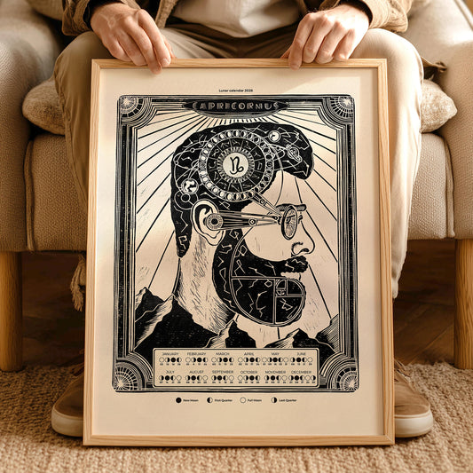 personalized zodiac 2026 lunar calendar moon phases male portrait art deco landscape wall art linocut prints printable wall art home office digital poster boyfriend gift christmas present husband gift for him brother New year gift large contemporary modern chart black bedroom INSTANT DOWNLOAD digital download Dark Academia Mystical boho bohemian classical illustrated workspace coworker new apartment holiday xmas teacher housewarming homeowner friend downloadable aesthetic self 