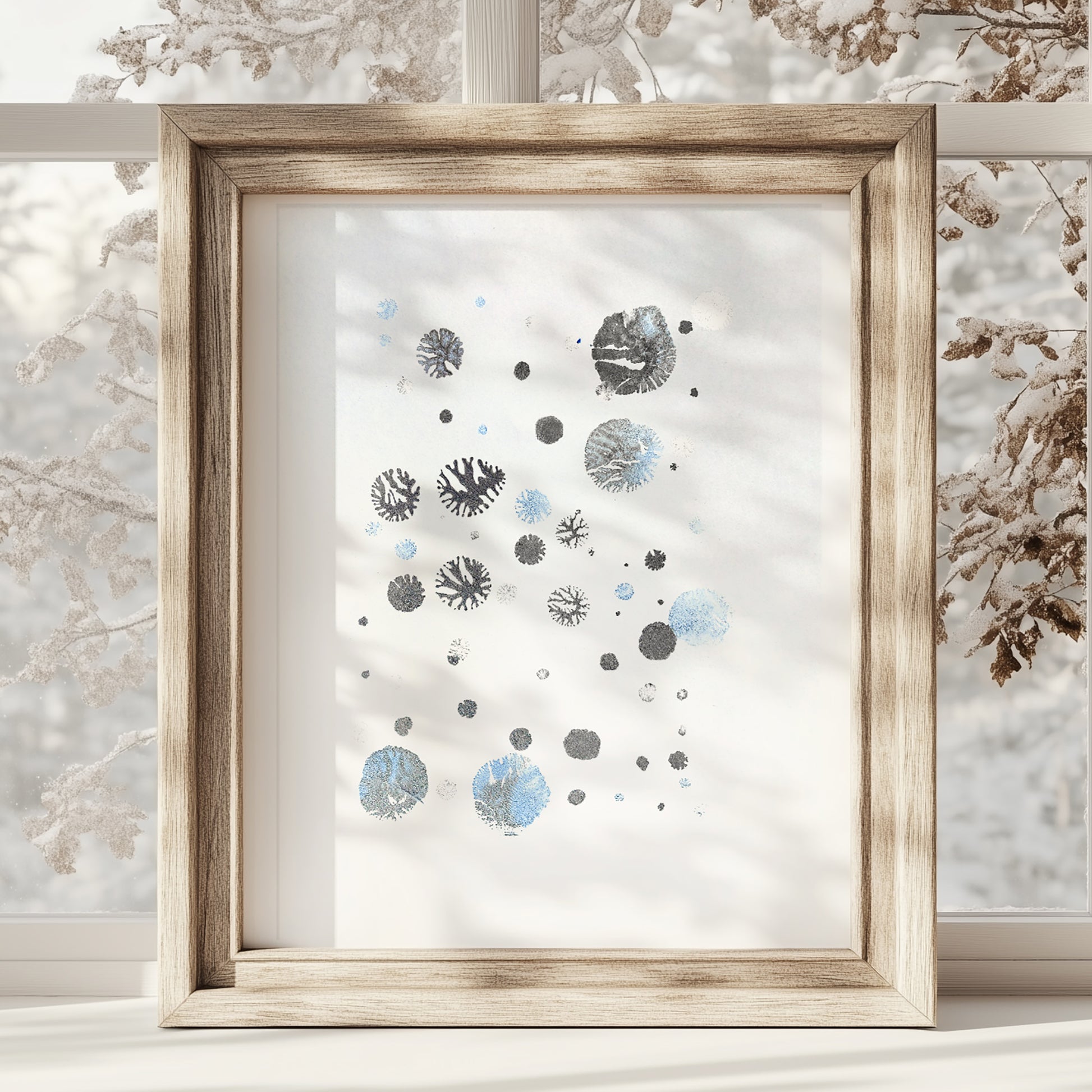 abstract snowflakes monotype print calm holiday winter wall art contemporary rustic christmas bedroom decor scandinavian snow one of a kind monoprint original artwork silver light blue 12x16in living room seasonal printmaking kids entryway unique Minimal Xmas relief texture handprint midimalism dopamine eclectic aesthetic men above bed man cave new apartment contemporary hostess mom mother grandmother godmother for her him boyfriend girlfriend sister daughter bathroom home office decoration