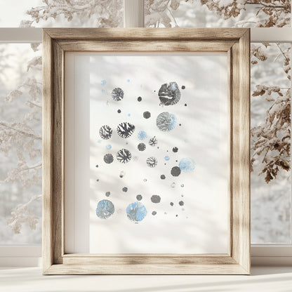 abstract snowflakes monotype print calm holiday winter wall art contemporary rustic christmas bedroom decor scandinavian snow one of a kind monoprint original artwork silver light blue 12x16in living room seasonal printmaking kids entryway unique Minimal Xmas relief texture handprint midimalism dopamine eclectic aesthetic men above bed man cave new apartment contemporary hostess mom mother grandmother godmother for her him boyfriend girlfriend sister daughter bathroom home office decoration