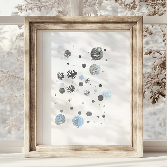 abstract snowflakes monotype print calm holiday winter wall art contemporary rustic christmas bedroom decor scandinavian snow one of a kind monoprint original artwork silver light blue 12x16in living room seasonal printmaking kids entryway unique Minimal Xmas relief texture handprint midimalism dopamine eclectic aesthetic men above bed man cave new apartment contemporary hostess mom mother grandmother godmother for her him boyfriend girlfriend sister daughter bathroom home office decoration